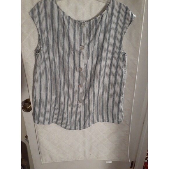 Max Studio Blue White Stripe Size L Large Linen Cotton Shirt Blouse SUMMER Top - Picture 5 of 5